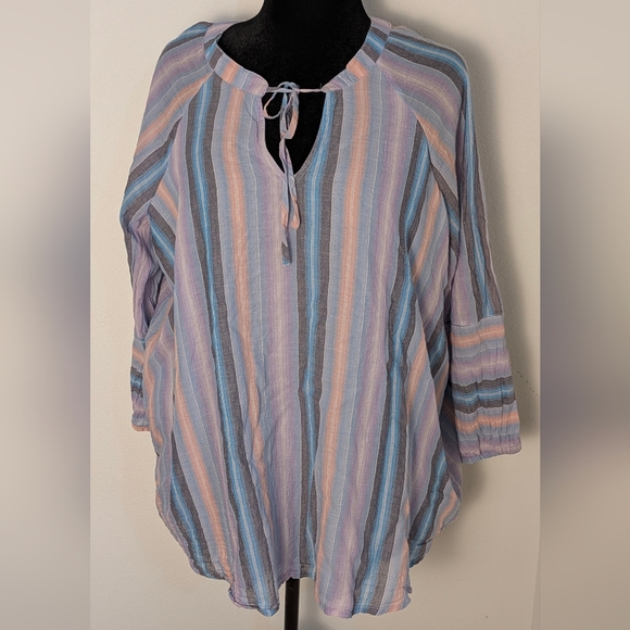 Lane Bryant Tops - Lane Bryant Women Blue Multicolor Raglan Sleeve Striped Blouse Top Size 16 Lined